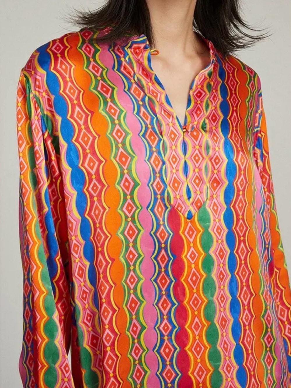 SALONI Kurta Silk Vibrant Multicolor Geometric Tunic Top Pristine US Size 12